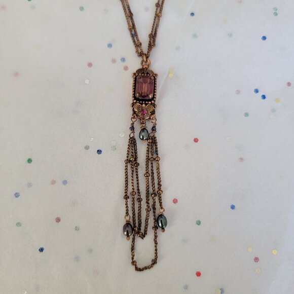 SATELLITE PARIS VINTAGE FACETED RECTANGULAR AMETHYST GLASS NECKLACE W/ DANGLES - Picture 5 of 9